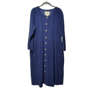 Vintage 90s Tickets Sz 9/10 Blue Corduroy Button Up Long Sleeve Dress